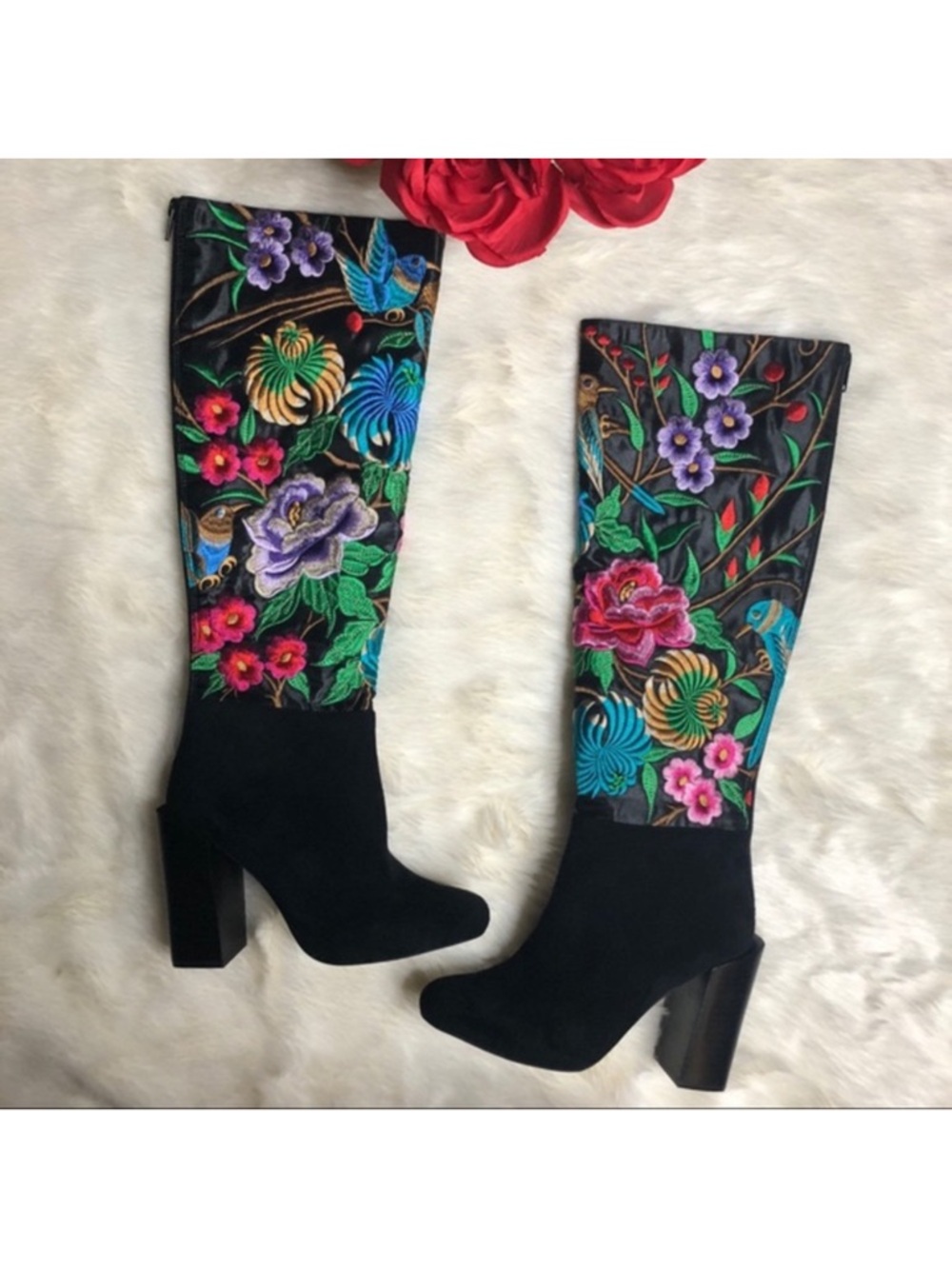 Jeffery Campbell Black Suede Knee-High Boots with Multicolor Floral Embroidery